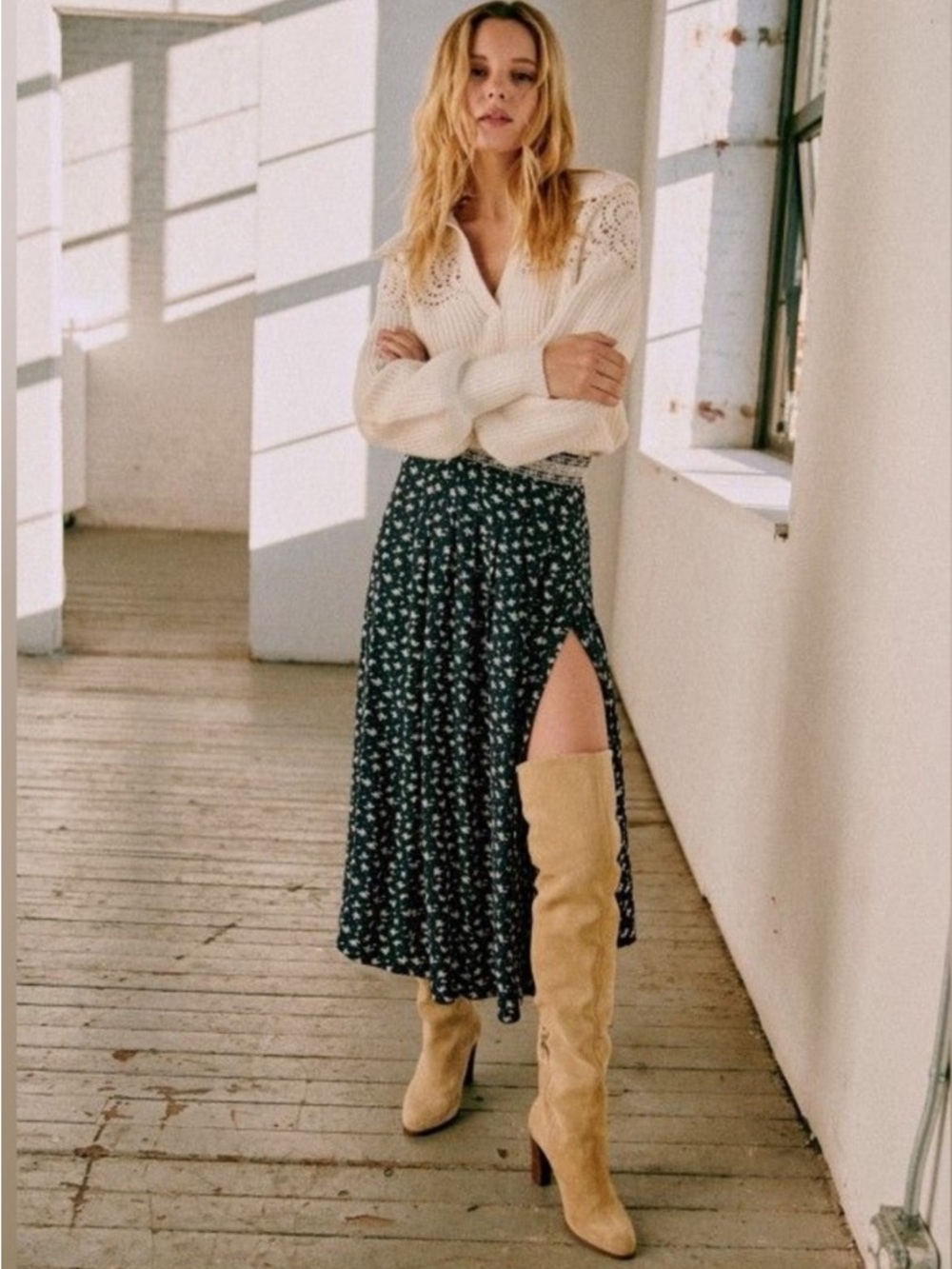 SEZANE x SEA NY Alicia Midi Skirt in Small Navy Floral Print, Size 38 US 6